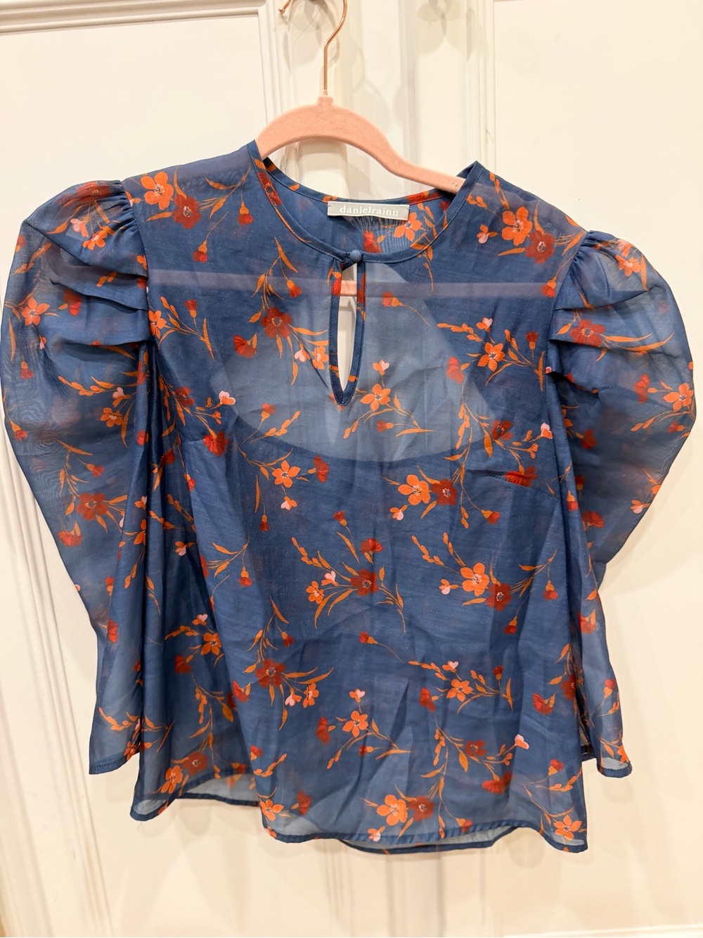 Daniel Rainn Navy Blue Sheer Puff-Sleeve Floral Blouse